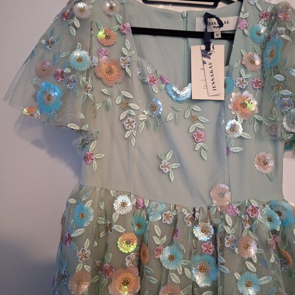 JessaKae Green A-line Midi Dress with V-neck and Short Sleeves for Wedding Guest - Picture 4 of 7